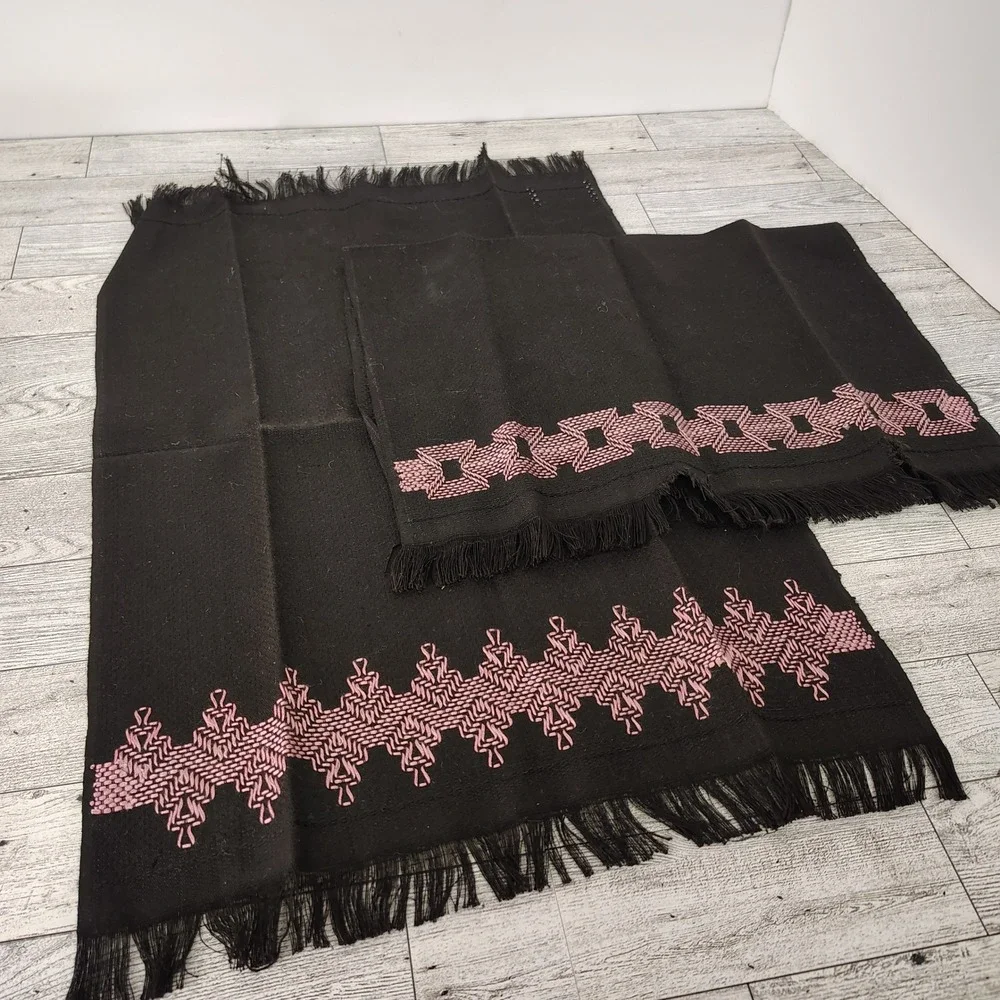 Handmade Tea Towel Set Black Pink Geometric Pattern MCM Embroidered Fringe Decor